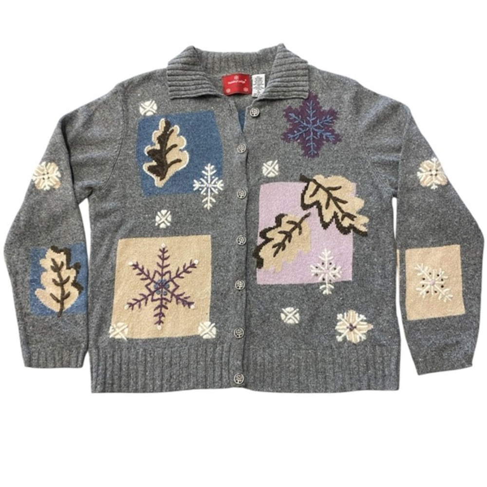 Holiday Lodge Cardigan Grey Snowflake Leaf Wool Womens XL Grannycore Cottagecore
